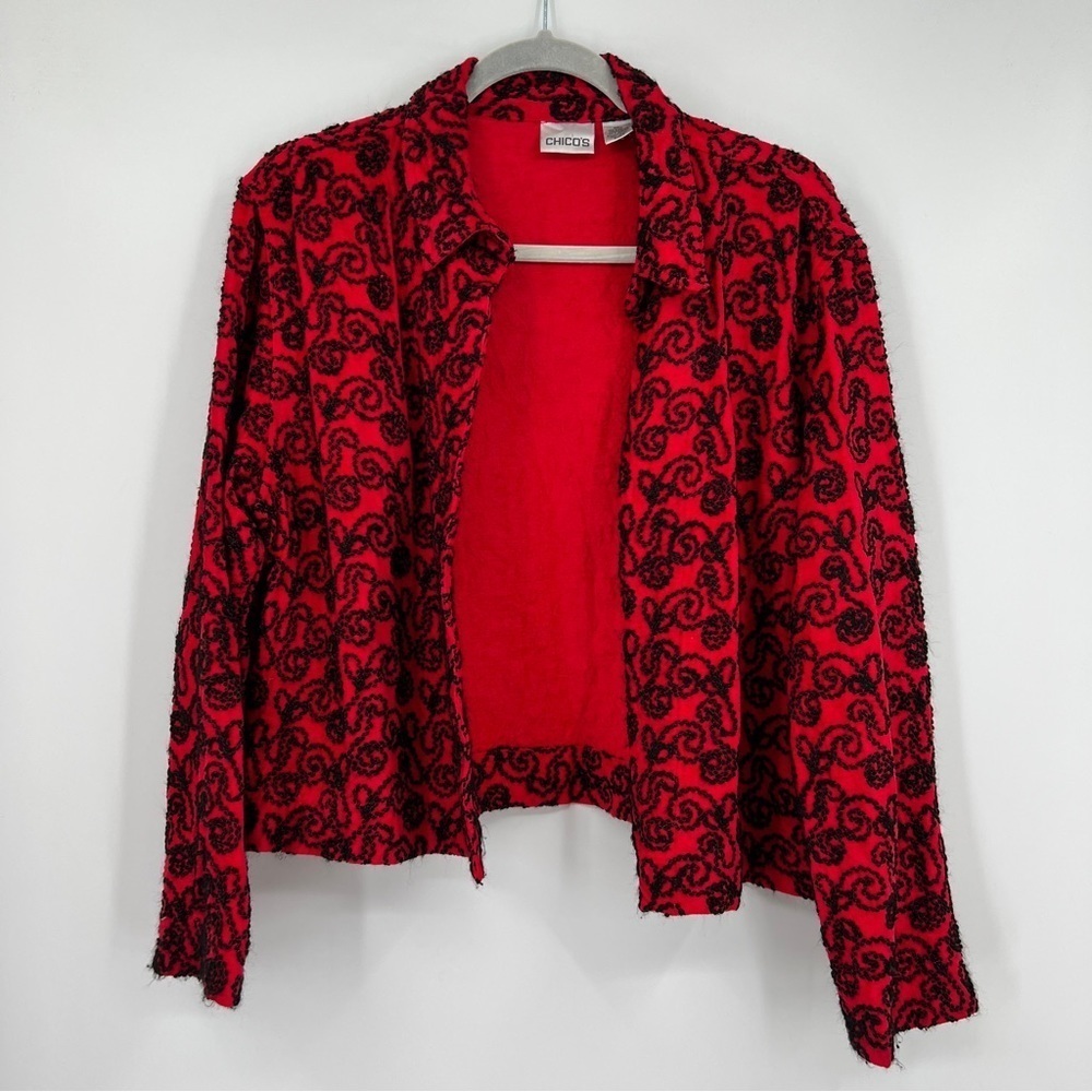 Chico's Abstract Embroidered Textured Collared Long Sleeves Open Front Jacket